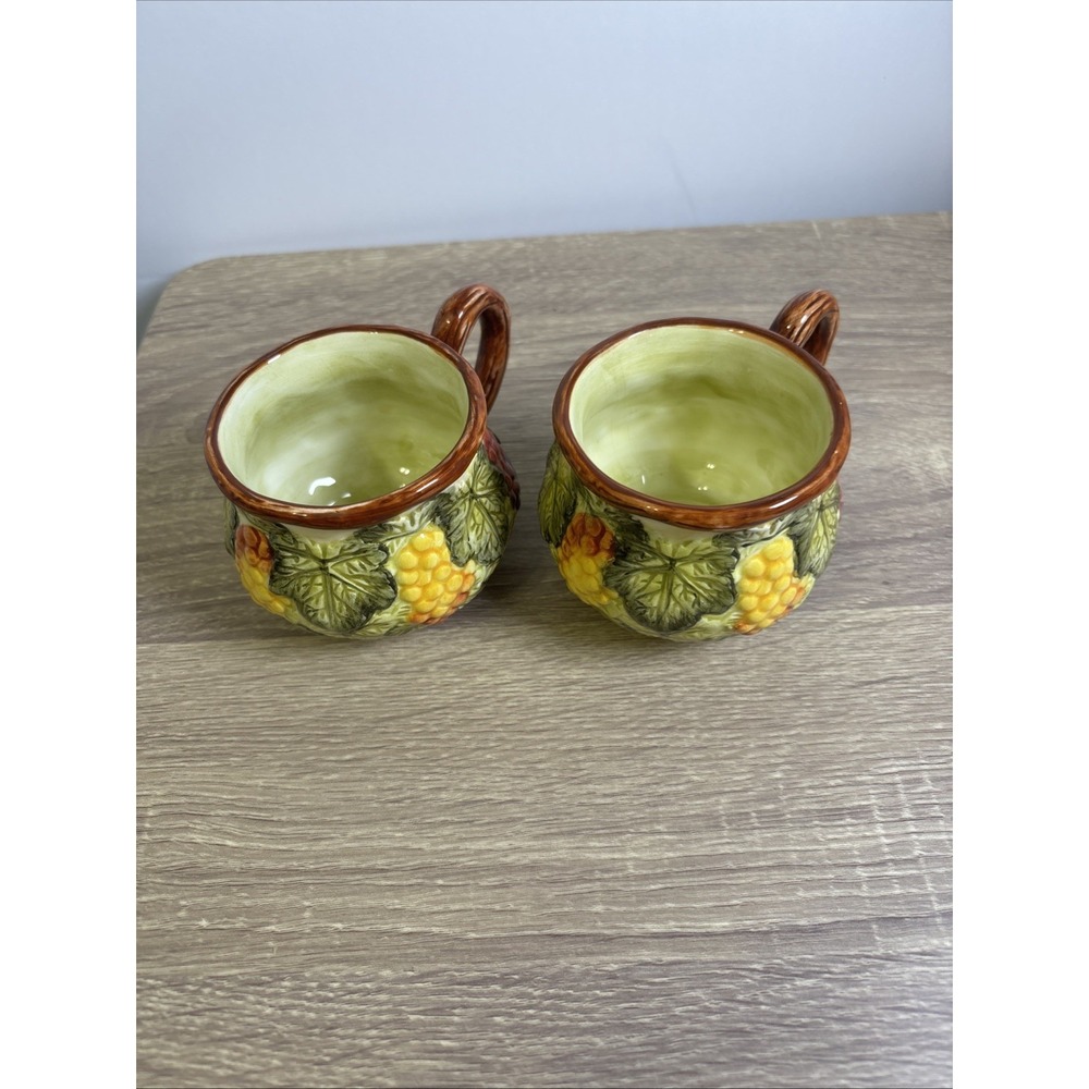 Pair Tuscan Style Ceramic Grape Vine Coffee Mugs Embossed 3D Fruit Cups⁠